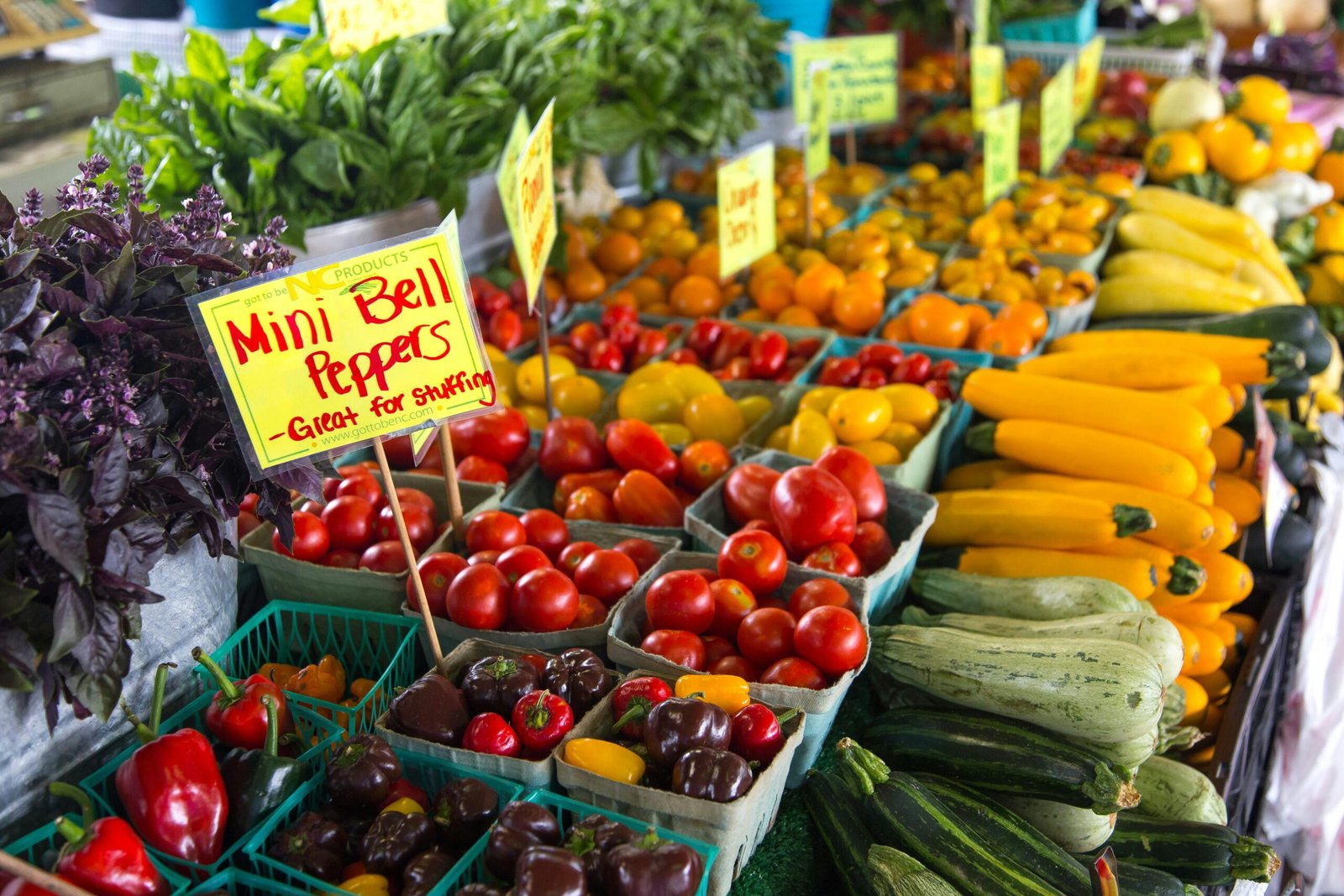 Home Colorful assortment of fresh vegetables at an outdoor farmers market in North Carolina.